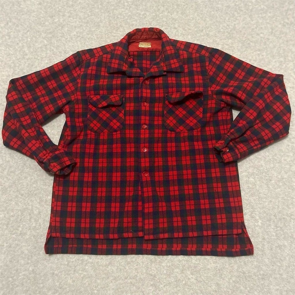 Vtg McGregor Shirt Men's 16 Large Red Buffalo Plaid Wooloomooloo Flannel 50s 60s